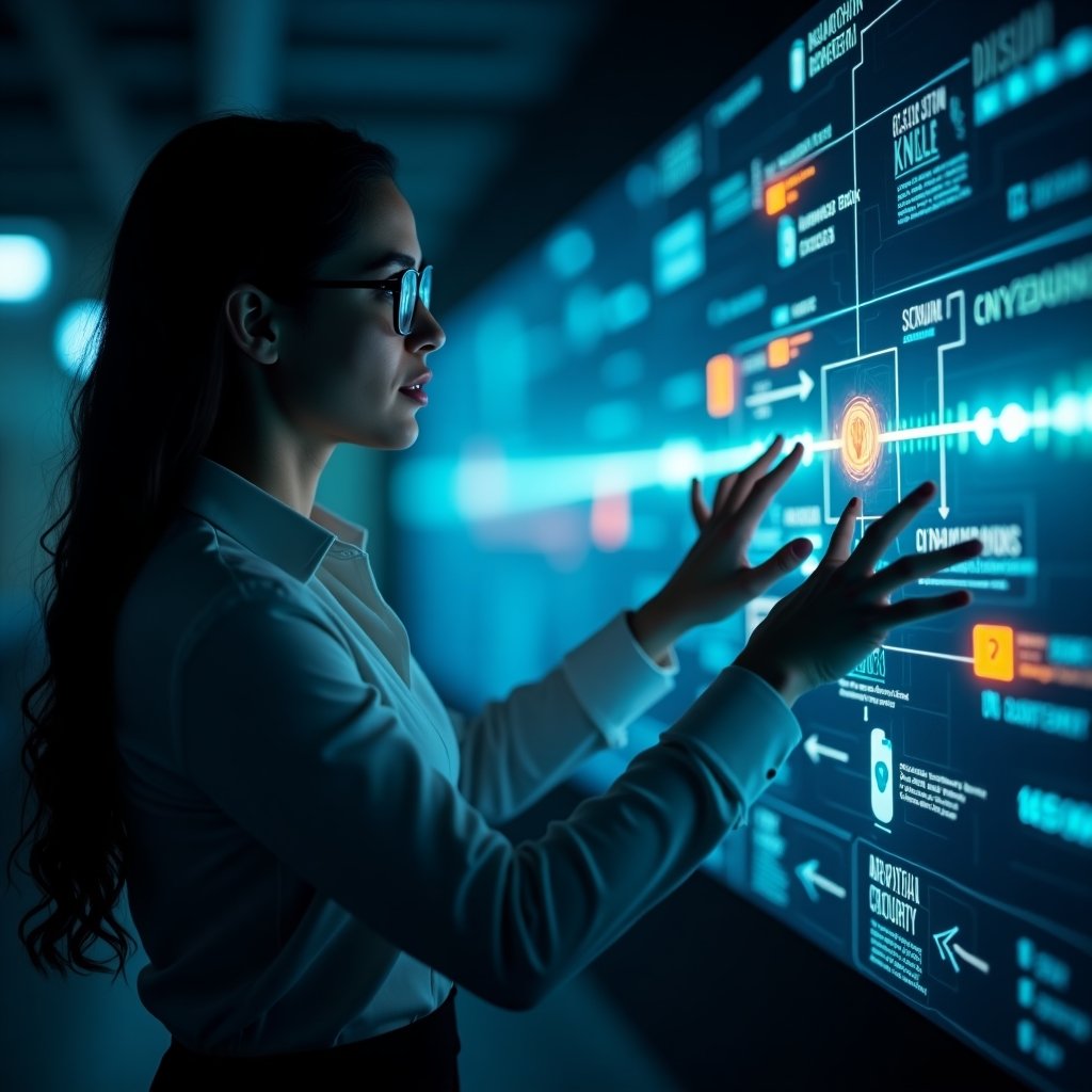 Cybersecurity specialist working with 3D visualization of blockchain architecture with security elements highlighted