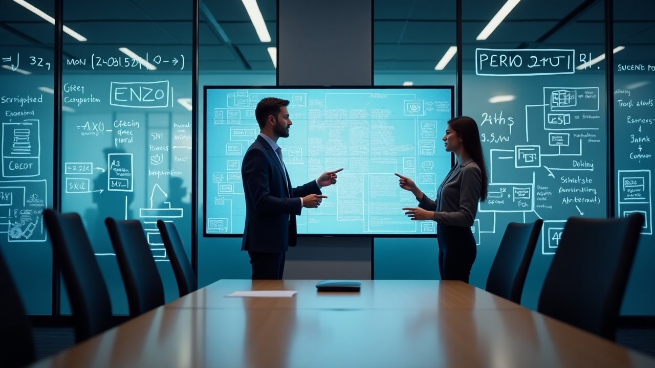 Cybersecurity experts collaborating on cryptographic protocols in a modern office environment