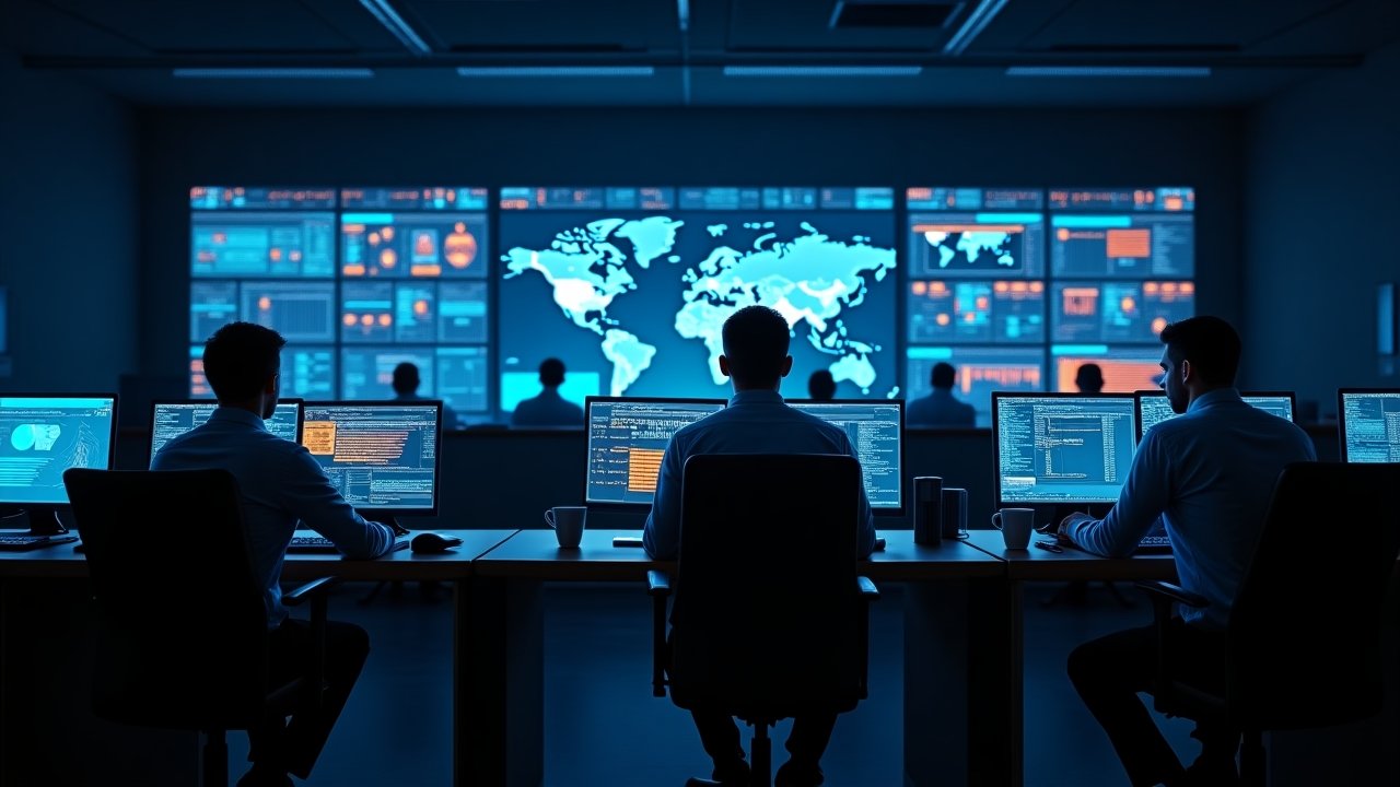 Advanced security operations center with cybersecurity professionals monitoring threats