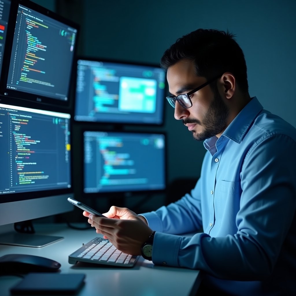 Cybersecurity specialist testing mobile application security in a specialized lab environment