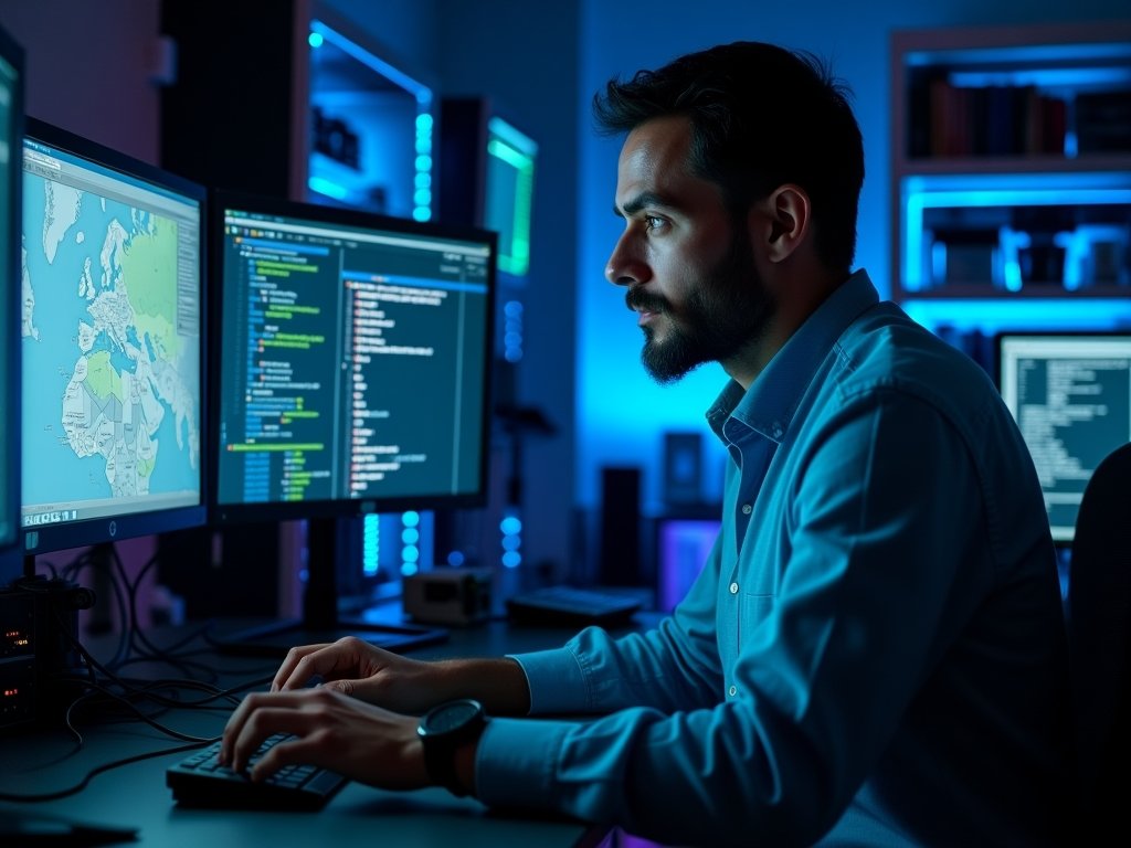 Penetration tester working with multiple monitors displaying network topology and security tools