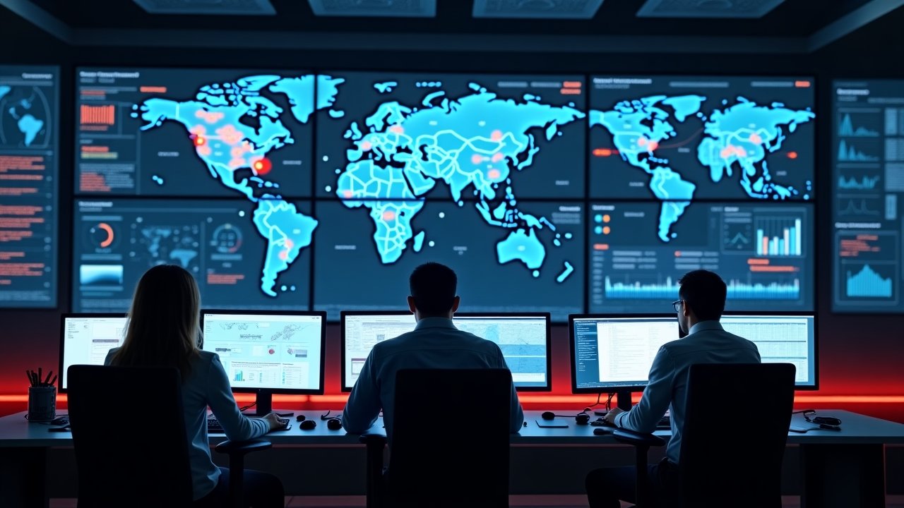 Security operations center with analysts monitoring global threats on multiple displays